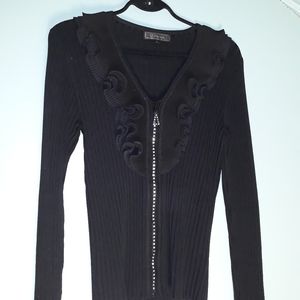 Festive Minkas Ruffled Rib Knit Cardigan Sweater Sparkling Zipper